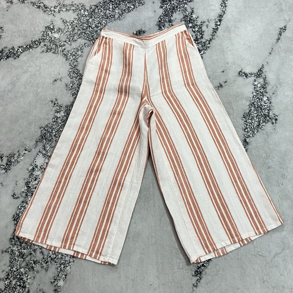 Christian Siriano Womens Sz L Linen Striped Wide Leg Cropped Pants Rust Cream
